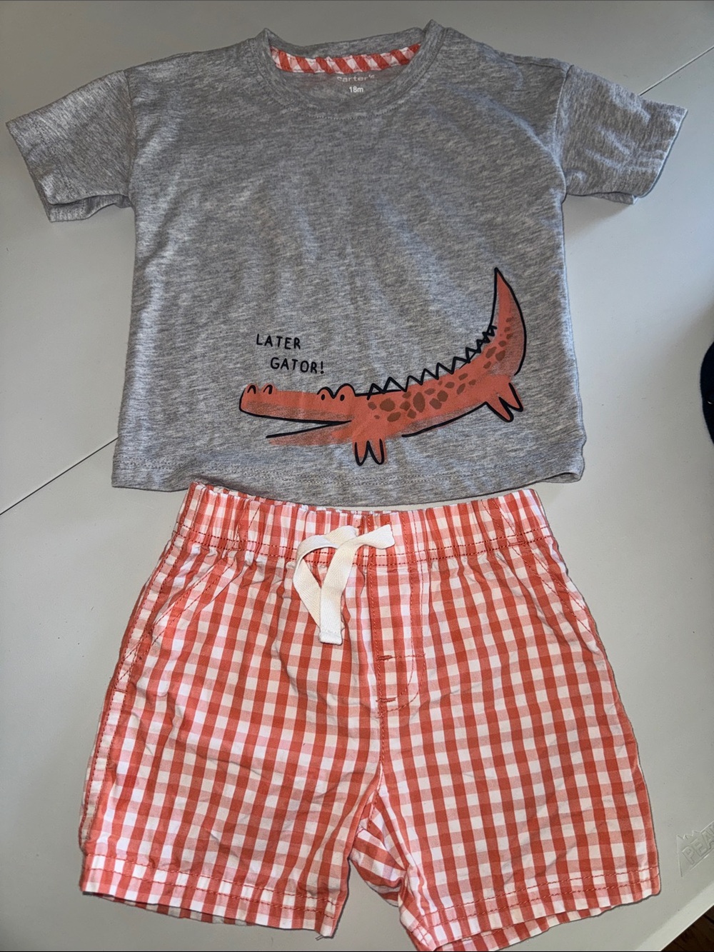 Carter's Gray Tee and Orange Check Shorts Kids Matching Set 18 Months